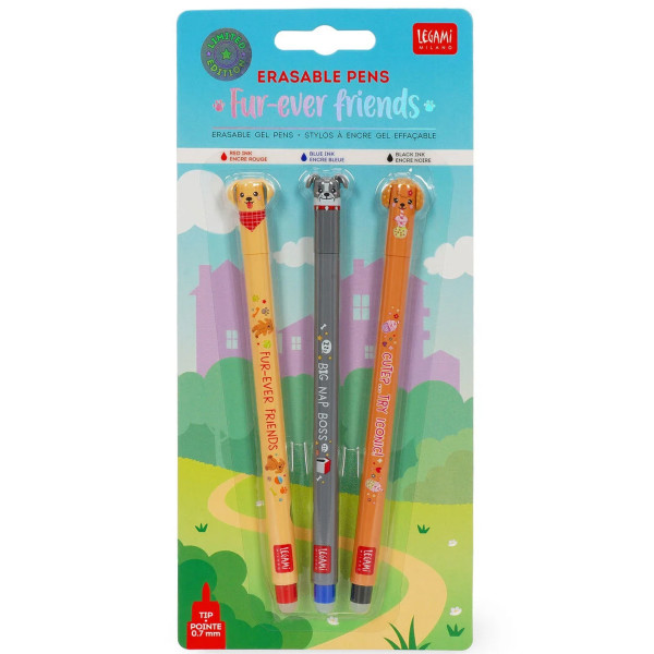 Legami Set mit 3 Löschbaren Gelstiften, Erasable Pen, Fur-ever Friends