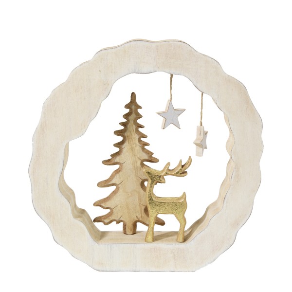 Baumscheibe mit Baum Hirsch und Sterne weiß/gold Ø28cm