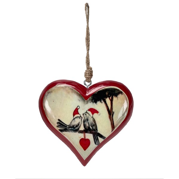 Holz Herz, rot mit Vögel, emailleoptik, 16cm, Hänger