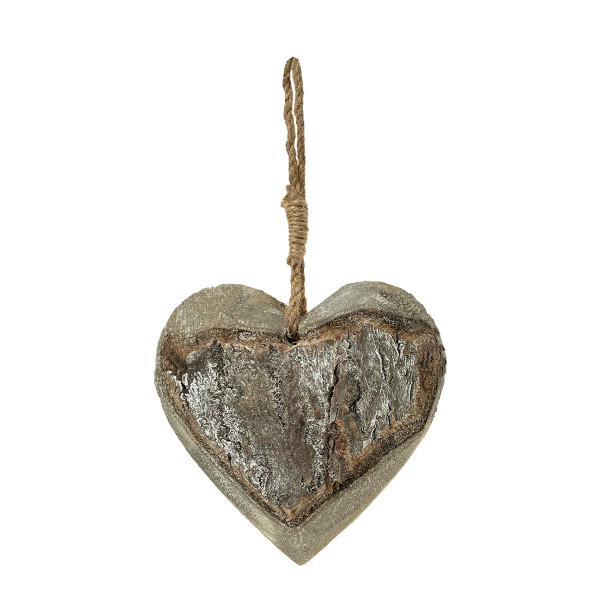 Deko Herz mit Rinde, grau, 15cm, Hänger