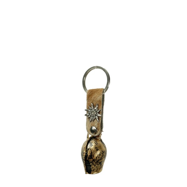 Glocke antik gold mit Fellband und Edelweiß 3x2cm