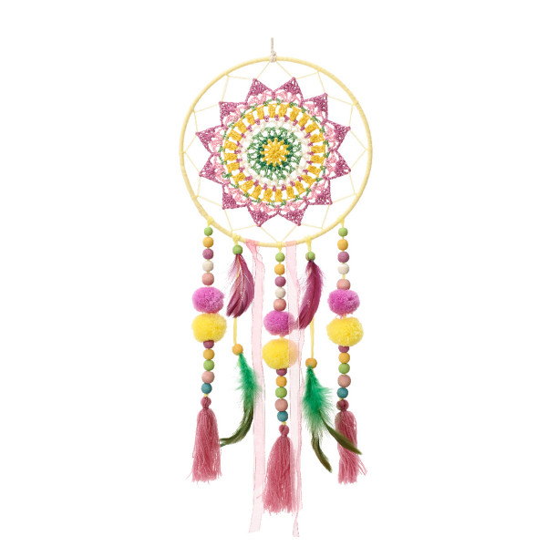 Traumfänger Boho bunt, Dreamcatcher mit Pompons pink und gelb, Ø20cm