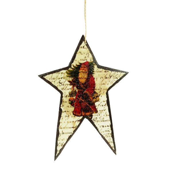 Deko Weihnachtshänger Nostalgie, Hänger Stern mit Weihnachtsmann/Nikolaus und Glimmer, 20x14cm