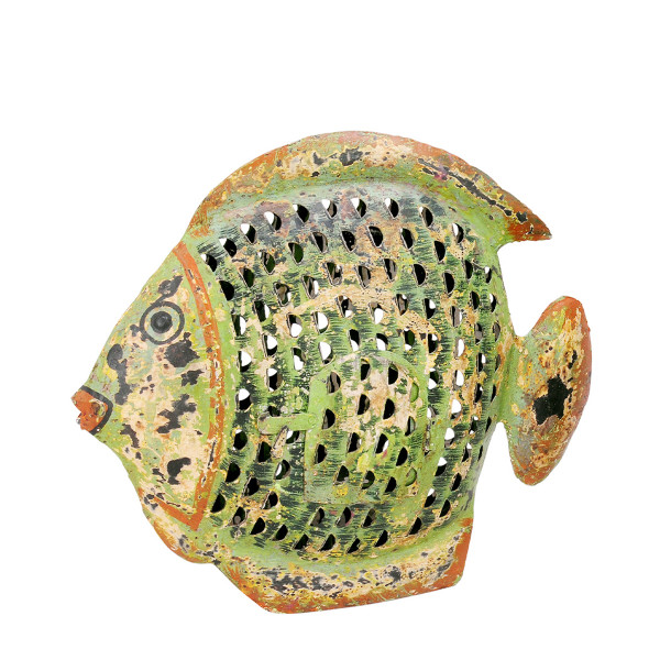 Deko Windlicht Fisch grün used look, Metallfisch mit kleinem Türchen, 31x24cm