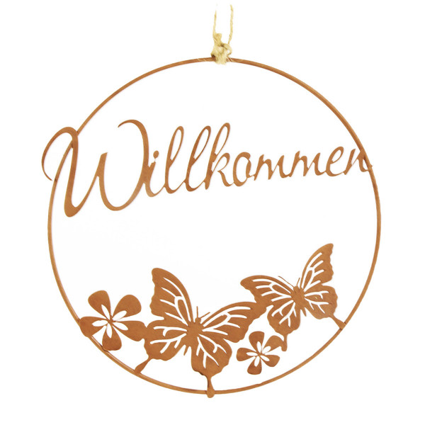 Deko Türschild Willkommen, Rostring mit Schmetterlinge und Blumen, Ø18cm Edelrost
