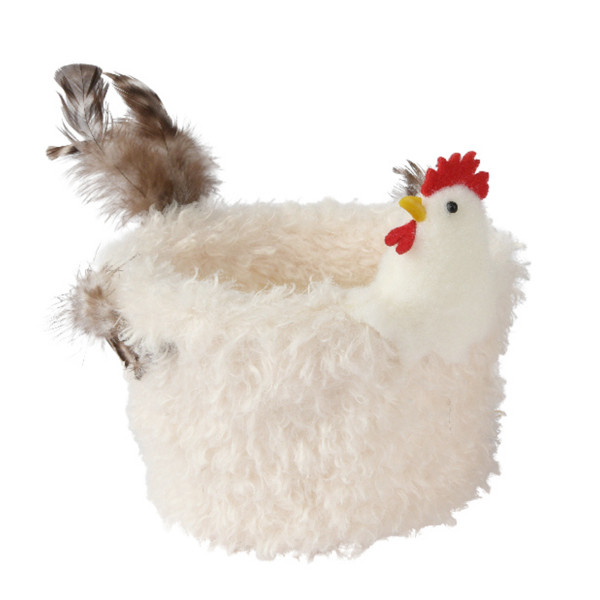 Deko Osterkorb Huhn, Plüschkorb mit Federn rund, Osternest aus Plüsch