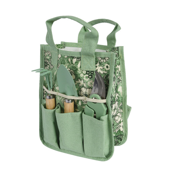 Gartenwerkzeugset grün im Geschenkkarton, Kelle, Schere, Harke, Tasche, 18x24cm