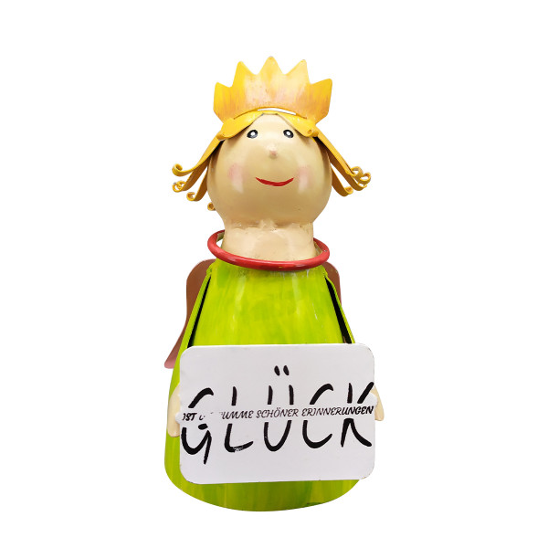 Zaunhocker Engel Schutzengel, Metallengel mit Krone und Schild: Glück ist immer ..., 16cm