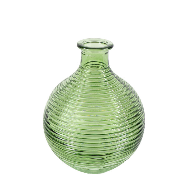 Deko Vase gerillt grün, Blumenvase grün, bauchige Glasvase mit Rillen, 15cm 