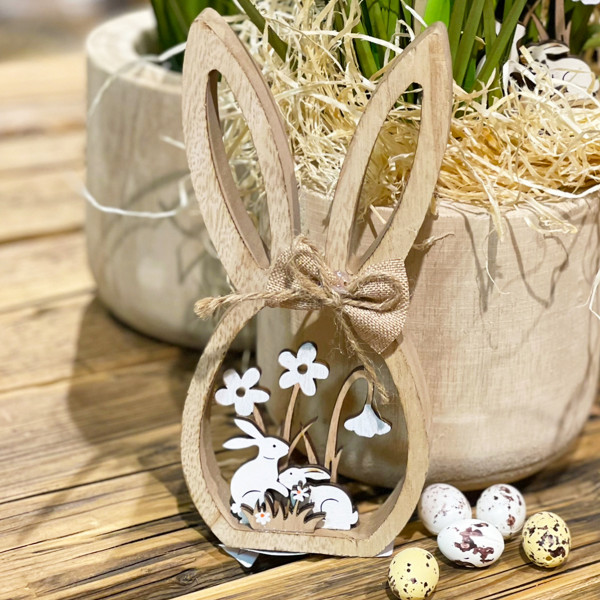 Deko Holzei Hasenform Ostern, Häschen mit Blumenwiese natur, 9x20cm, Aufsteller
