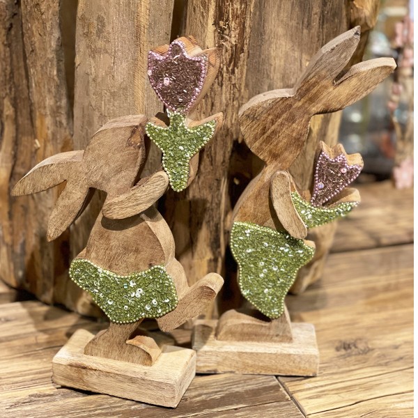Deko Holz Hase mit Blume, rosa-grün, glitzernd, 27x10cm, Aufsteller