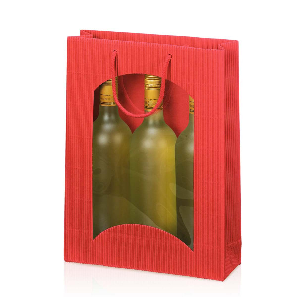 Flaschentüte rot mit Transparentfenster und Trageseil, 250x85x360mm