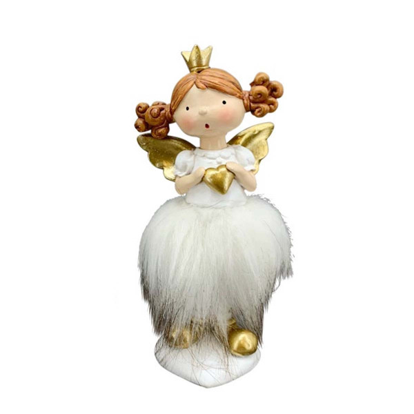 Deko Engel Weihnachtsprinzessin, Weihnachtsengel mit Krone, Herz und Fellkleid, 15cm