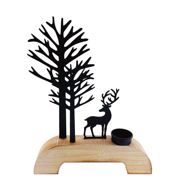 Teelichthalter Hirsch schwarz, Holzbogen mit Hirsch und Bäume, 30cm