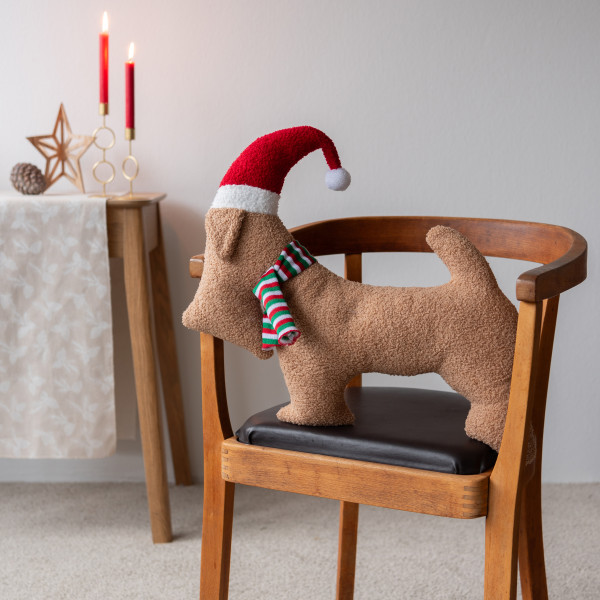 Deko Kissen Santa Dog, Weihnachtshund mit roter Mütze, 40x50cm, Halbach