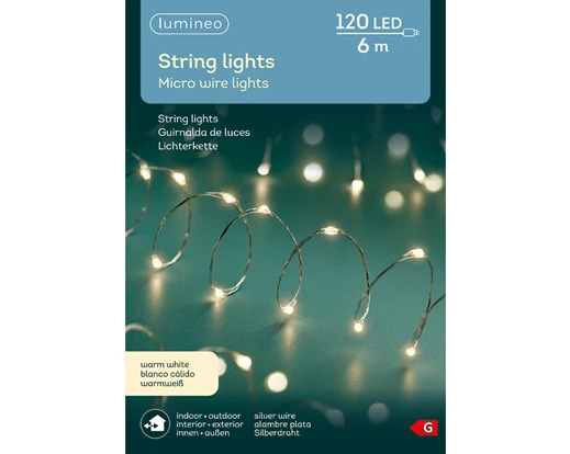 Lichterkette, Micro String Lights, warmes weiß, 120 LED, 595cm, Outdoor, Lumineo