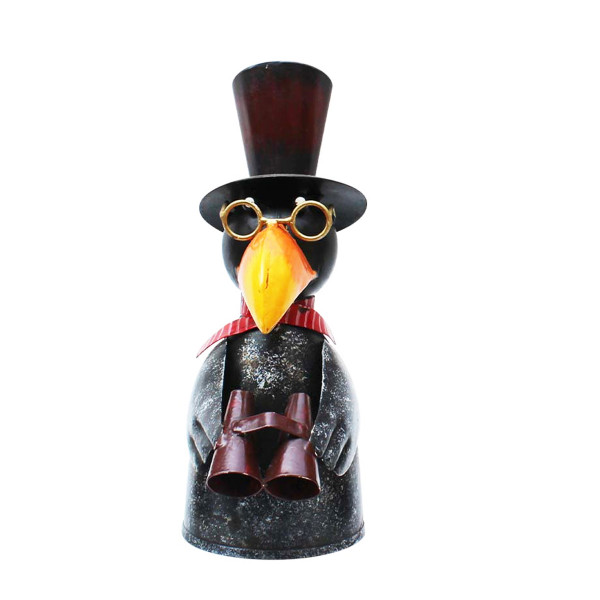 Zaunhocker Vogel, Rabe mit Zylinder, Brille und Fernglas, 14x26cm, Metall