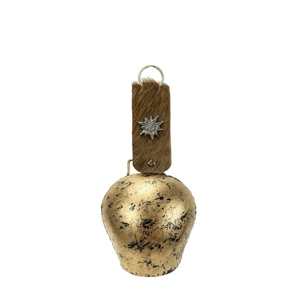 Glocke antik gold mit Fellband und Edelweiß 13x9cm