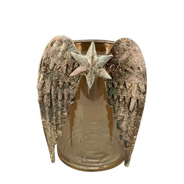 Windlicht Engelsflügel, Glaswindlicht antik gold mit Engelsflügel und Stern, 9x12cm