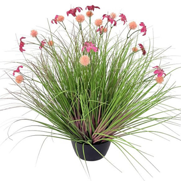 Kunstpflanze Sommerstrauß im Topf, grünes Gras mit pink-rosa Blumenn, 60cm