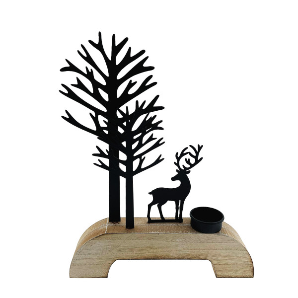 Teelichthalter Hirsch und Bäume, natur/schwarz, 30cm, Holz/Metall