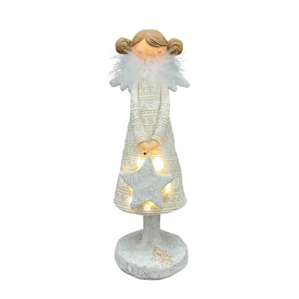 LED Engel mit Stern, schlanker Weihnachtsengel mit Federboa und Stern, 29cm