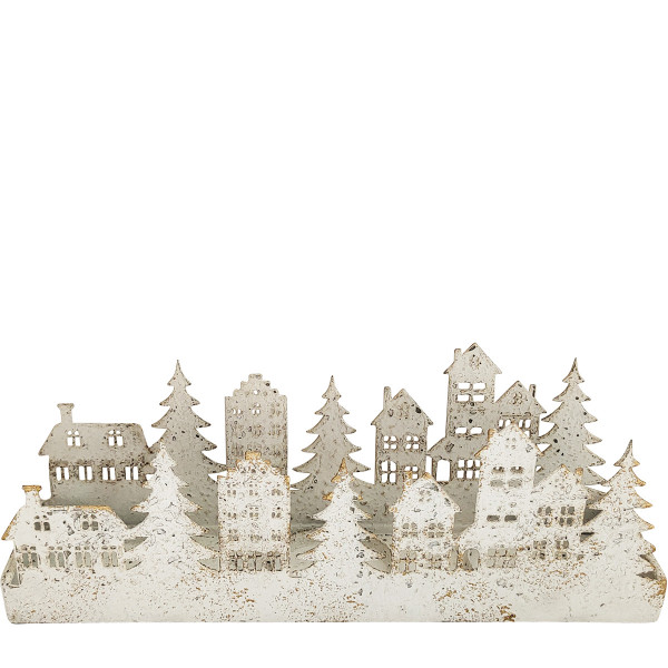 LED Windlicht Häuser und Tannenbäume, Metallwindlicht Winter, cremeweiß, 17cm