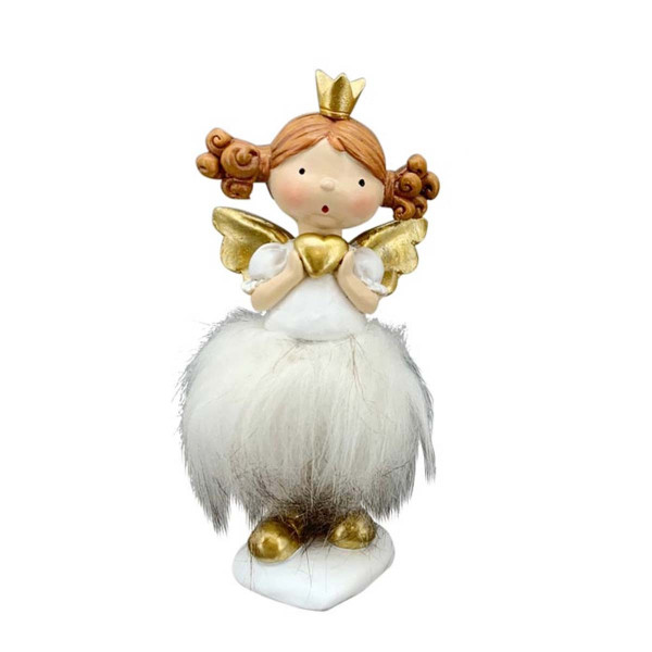 Deko Engel Weihnachtsprinzessin, Weihnachtsengel mit Krone, Herz und Fellkleid, 15cm