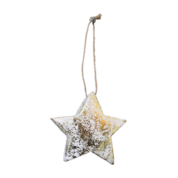 Deko Stern Antiklook, dicker weißer Holzstern mit goldene Akzenten, 5x5cm, Hänger