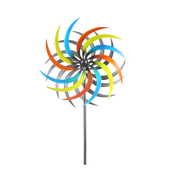 Deko Windrad bunt glänzend, Windrad mit orange-rot-blauen Blättern, 160cm, Metall