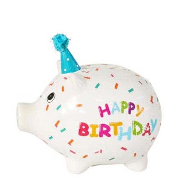 Spardose Party Schweinchen Happy Birthday, Sparschwein weiß mit Partyhut, Keramikspardose