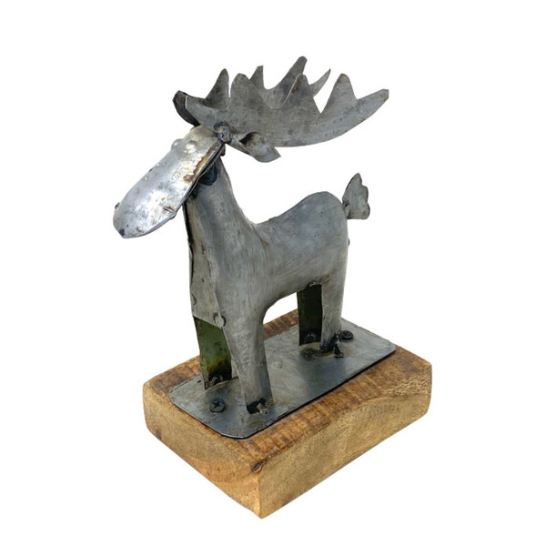 Rentier used look, rustikaler Metallhirsch auf Holzklotz, 13x20cm