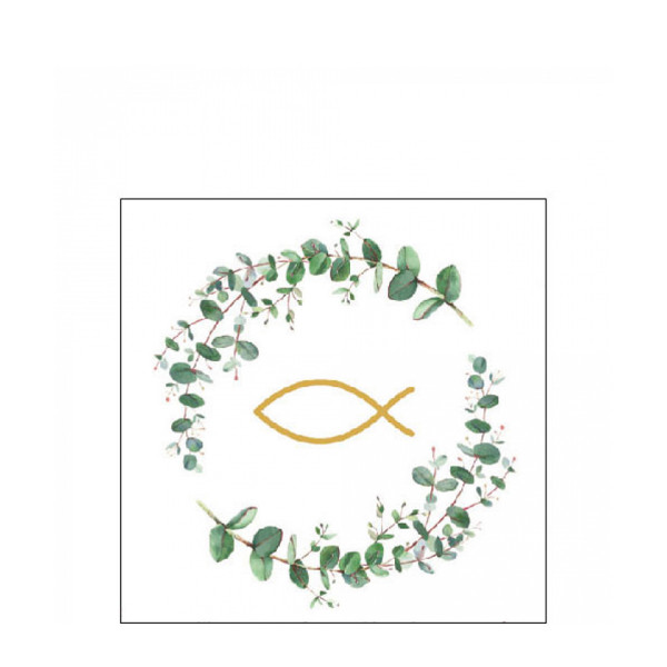 Ambiente Papierservietten Kommunion, Eucalyptuskranz mit Fisch weiß, 25x25cm