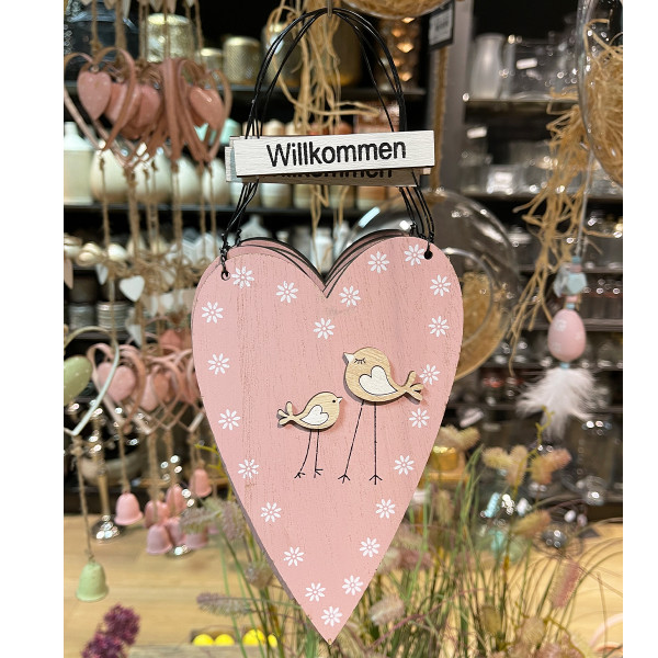 Deko Herz Willkommen, Holzherz rosa mit Vögel und Blumen, 27x11cm, Hänger