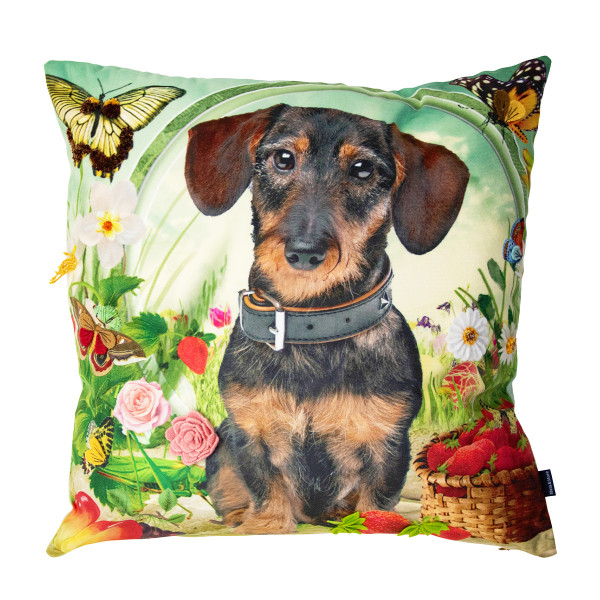 Deko Kissen Hund Fleury, Dackel mit Schmetterling und Blumen, 45x45cm, B Living