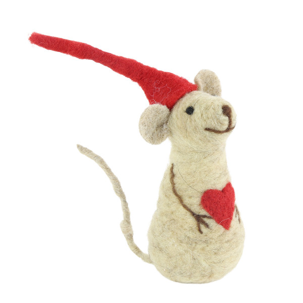 Filz Wichtel-Weihnachtsmaus mit Herz, Filzmaus mit langer roter Mütze