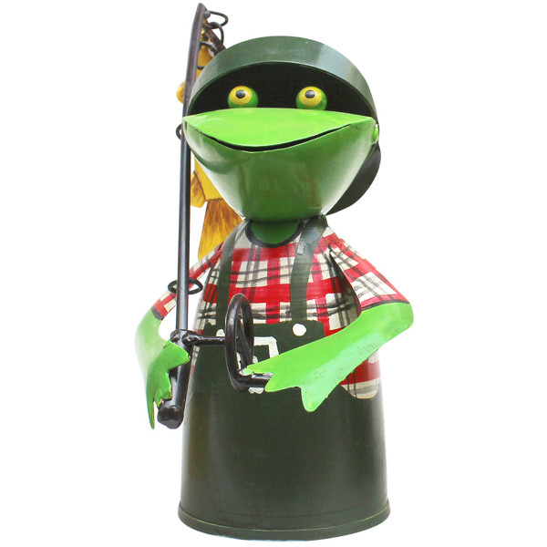Zaunhocker Frosch Angler, Metallfrosch mit Angel und Fisch, grüne Schürze, 25cm