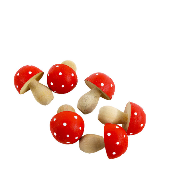 Deko Holzstreuer Pilze, Fliegenpilze rot-weiß-natur, 4cm, 6St/Pack.
