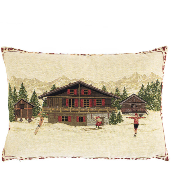 Gobelin Kissen Berghütte, Chalet mit Skifahrer, 30x45cm, Mars &amp; More