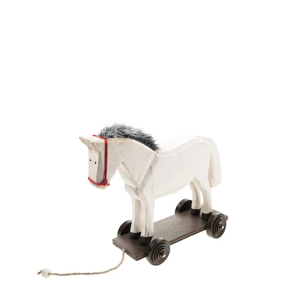 Deko Holzpferd Nostalgie, weißes Pferd zum Nachziehen, 15x12cm, Holz