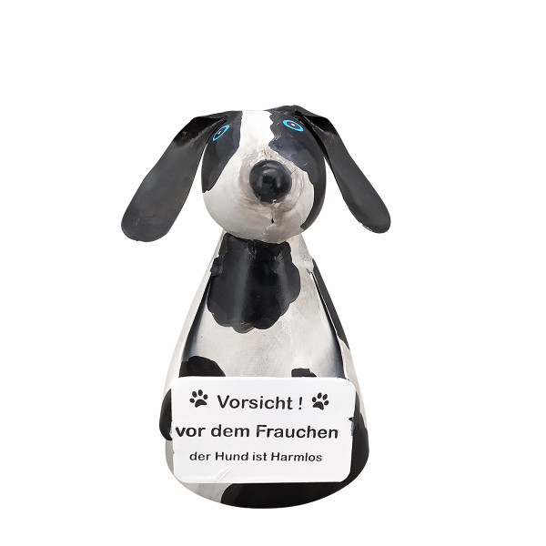 Zaunhocker Hund, Metallhund used look mit Schild: Vorsicht vor dem Frauchen, 13cm