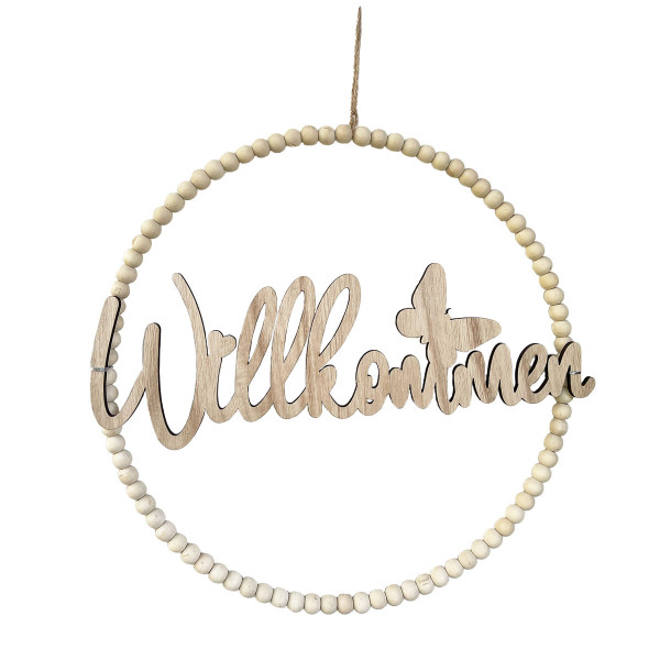 Deko Perlenring Willkommen, Ring aus Holzperlen mit Schriftzug Willkommen, Ø30cm, Holz