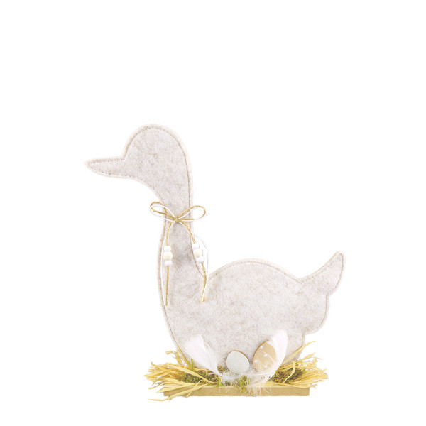Deko Gans Ostern, graue Filzgans mit Eier im Stroh, 16cm, Aufsteller