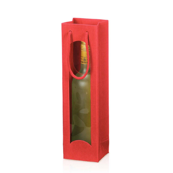 Flaschentüte rot mit Transparentfenster und Trageseil, 100x85x360mm