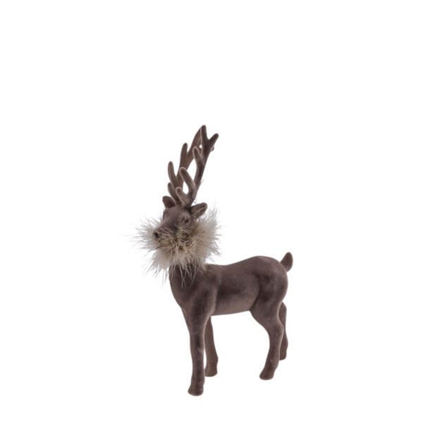 Deko Hirsch mit Federboa, grauer Hirsch, samtig beflockt, 19cm