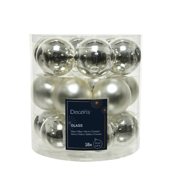 Weihnachtsbaumkugeln aus Glas, silber glanz/matt, Ø4cm, 18St/Box, Decoris