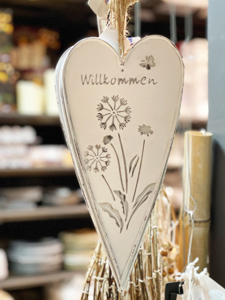 Deko Herz Willkommen, Metallherz mit Blumenmotiv weiß shabby chic , 14x12cm, Hänger