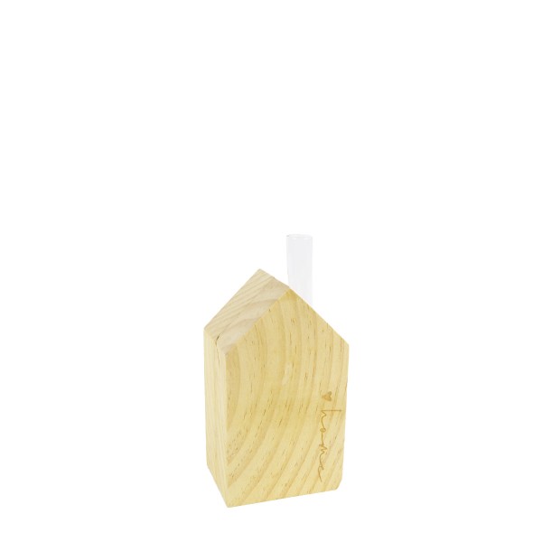 Deko Naturholz Blumenvase, Haus mit Reagenzglas, 12x6cm