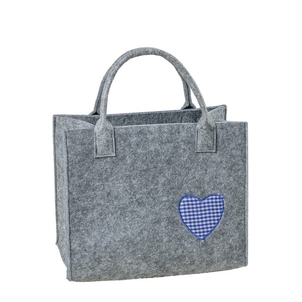 Filz Tasche hellgrau mit blauem Vichy - Herz