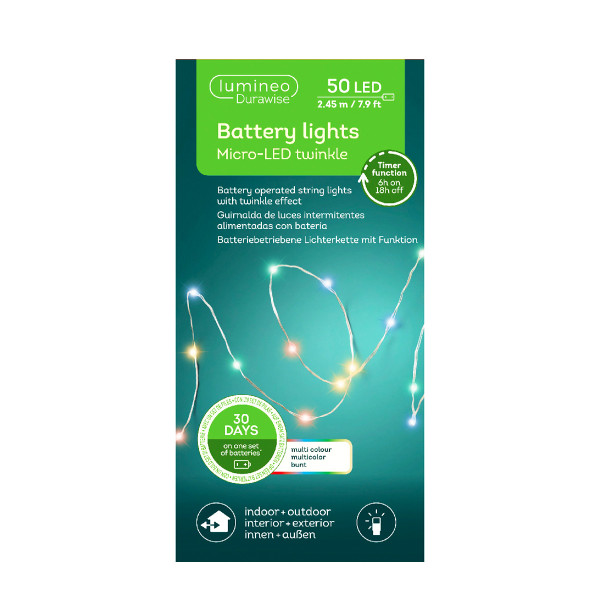Micro LED Lichterkette, Strangbeleuchtung, bunt, 50 LED, 245cm, Batteriebetrieb, Lumineo